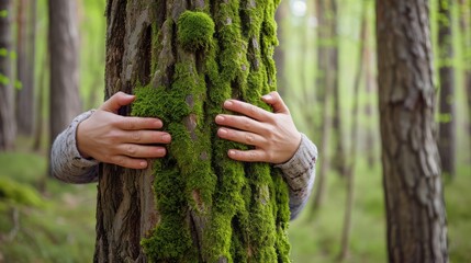 Wall Mural - Hands hugginf big tree with green moss in forest. People protect pollution and climate change, Nature protection, Environmental conservation