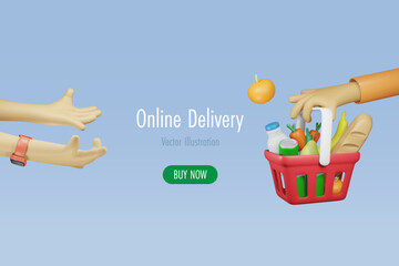 Wall Mural - Grocery delivery service. Deliveryman hand holding shopping basket full of grocery foods and drink sending to customer. Online shopping with express delivery. 3D cartoon character vector.