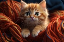 A Red Fluffy Kitten In A Ball Of Yarn. 