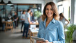 © Kowit - A business woman wearing a blue shirt stands in her office with his tablet.