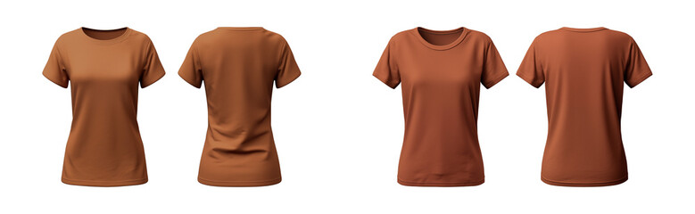 realistic set of female brown t-shirts mockup front and back view isolated on a transparent background, cut out