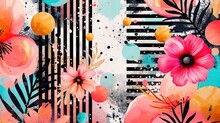 Abstract Black Peach And Rose Gold Polka Dots With Terrazzo, Doodle, Floral Digital Stamps And Overlays In The Style Of A Striped Painting. Bold Color Palette, Iconic, Charming, Colorful Geometrics.