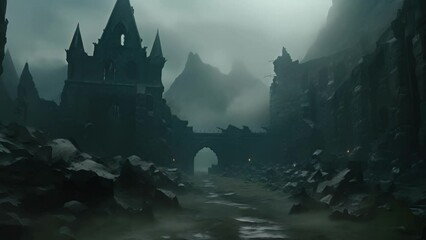 Wall Mural - An eerie castle rises from the mist its dark stone walls adorned with sinister symbols and strange runes.