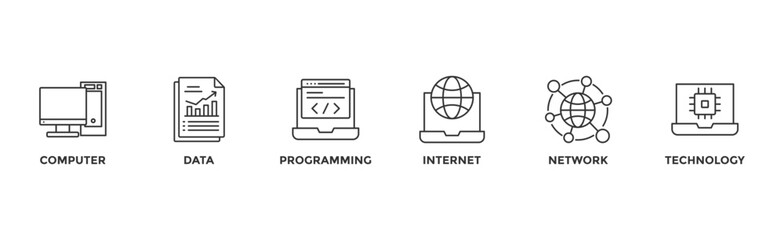 Information technology banner web with icon of computer, data, programming, database, internet, network, and technology	