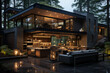 Modern two-story house with outdoor kitchen in pine forest.