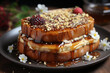 Honey toast with chopped peanuts and almond in black plate on wooden table.