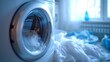 Brightly lit laundry room with clothes swirling in modern washing machine.