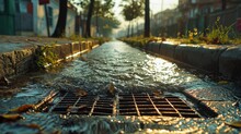 Functional Water Drain System Along Street, Efficiently Managing Rainwater.