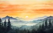 Sunrise scene with misty forest, distant mountains, and sunrise sky, in watercolor style. generative ai
