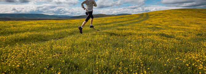 Wall Mural - Woman trail runner cross country running in high altitude flowering mountains