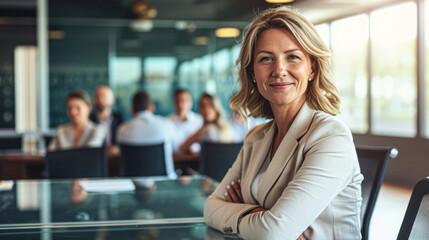 Young smiling successful businesswoman in formal wear standing in boardroom with arms crossed and looking at camera.In background her colleagues having meeting.