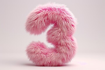 Cute pink number 3 or three as fur shape, short hair, white background, 3D illusion, storybook style