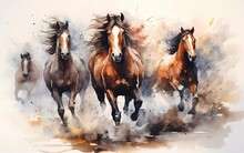 Artistic Image Of A Herd Of Horses. Collection Of Canvas Art Animal Paintings, In Watercolor Style. Generative Ai