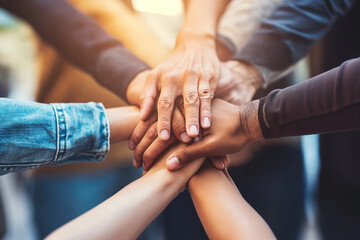 Group of business people holding hands stacked together showing unity, teamwork, and collaboration in a multicultural or diverse business team.