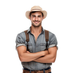 Wall Mural - Front view of an extremely handsome Caucasian white male model dressed as a Farmer smiling with arms folded, isolated on a white transparent background