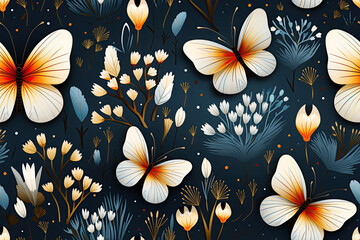 Wall Mural - seamless pattern with multicolored butterflies and flowers on dark background for printing on fabric