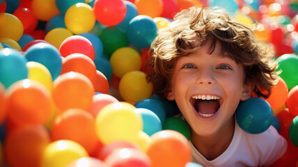 Happy child submerged in vibrant ball pit, ideal for lively kids' play area presentations. AI Generative