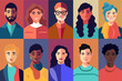 Diversidad de retratos de personas diferentes razas de medio cuerpo. Vector de hombres y mujeres diferentes con colores llamativos. Set de iconos de personas. 