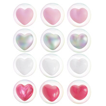 3D Rendering Different Colors Of Heart In The Bubble With Three Angles On Transpaent Background