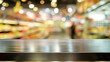 © Fuji - empty steel table top and blur of room on a blur super market decoration background. AI Generative