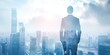 © Bussakon - Corporate visionary. Double exposure of businessman gazing into urban horizon reflecting success innovation and future leadership. Ideal for capturing essence of modern executive thinking
