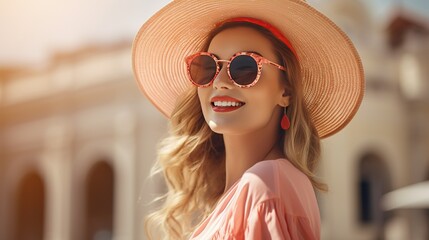 Wall Mural - Capture the grace and charm of a pretty woman enjoying a sunny summer day, adorned with sunglasses and a fashionable hat