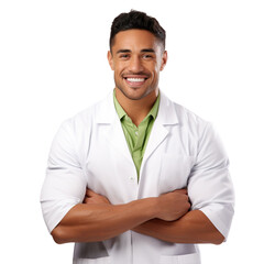 Wall Mural - Front view of an extremely handsome polynesian male model dressed as an Chemist smiling with arms folded, isolated on a white transparent background.