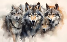 Artistic Image Of A Wolf Pack. Collection Of Canvas Art Animal Paintings, In Watercolor Style. Generative Ai