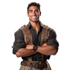 Wall Mural - Front view of an extremely handsome polynesian male model dressed as an Pilot smiling with arms folded, isolated on a white transparent background.