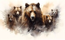 Artistic Image Of A Herd Of Bears. Collection Of Canvas Art Animal Paintings, In Watercolor Style. Generative Ai