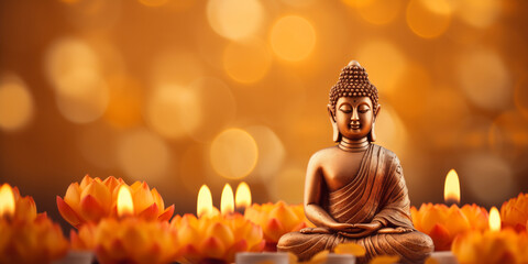Wall Mural - buddha statue meditate with golden aura on yellow lotus background with light bokeh. banner vesak da