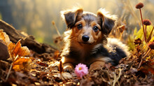Portrait Of A Cute Purebred Puppy Of The Dachshund In The Autumn Park.