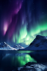 scenic of northern lights aurora borealis green and purple with snow mountains reflection in the lak