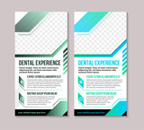 Fototapeta  - Dental care, dentist and tooth vertical banner with medical instruments and diagonal for photo in blue and green color element on white background. Dental treatment and hygiene concept