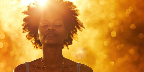 African American woman with healing energy and light around her feeling good breathing calm peace. Happy black female in calmness happiness taking deep breath for zen, health or spiritual wellness