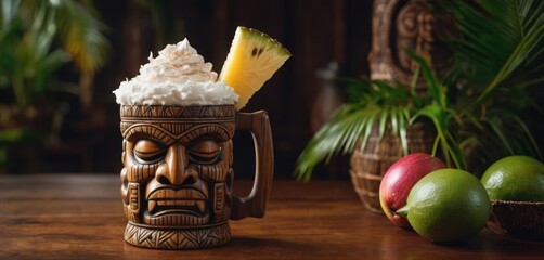 Wall Mural -  This image features a ceramic mug with a design of the face of an angry-looking man, along with a pineapple wedge on.