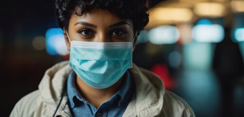  .The woman is wearing a face mask and she has her eyes open. She appears to be looking at something in the distance as she poses for.