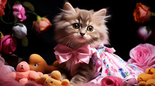 A Cute Siberian Kitten With Pink Bow Tie And Flowers On Black Background.