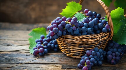Wall Mural - Grapes In A Basket On A Wooden Background. Harvesting