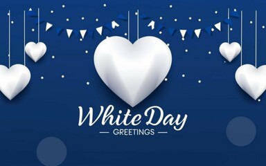 Happy White Day Sale Banner Vector design. Realistic balloon hearts and gifts on blue rhombic pattern background