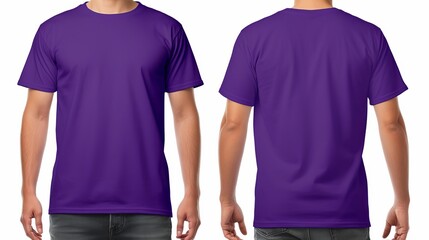 Wall Mural - man wearing a blank purple t-shirt, front and back side clothing template mockup
