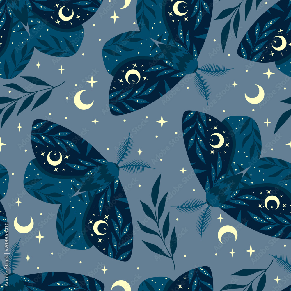 Magic blue seamless pattern with moths. Boho magic background with ...