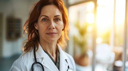 Wall Mural - Portrait of beautiful mature woman doctor looking at camera in background at hospital with sun light through window and copy space