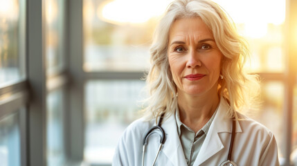 Wall Mural - Portrait of beautiful mature woman doctor looking at camera in background at hospital with sun light through window and copy space