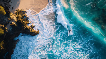 Wall Mural - A surfer from an aerial perspective  riding a wave on a beach.