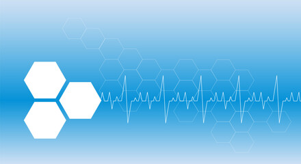 Wall Mural - Geometric hexagons with heartbeat pulse on blue background. Medical background. Copy space.