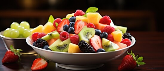 Wall Mural - Fruit salad with airborne fresh fruits.