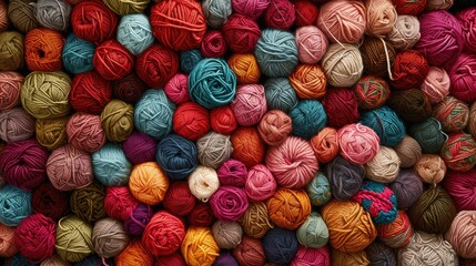 Many colorful balls of wool and cotton yarn