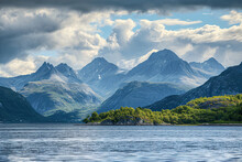 Norway Nordland Austnesfjorden Coastline With Mountains