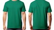 A man wearing a green blank T-shirt front and back side on a white background, clothing template